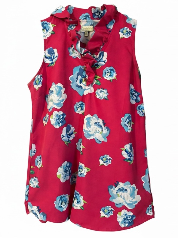 Mud Pie Pink Blue Floral Ruffle Neck Sleeveless Top Cottagecore Garden